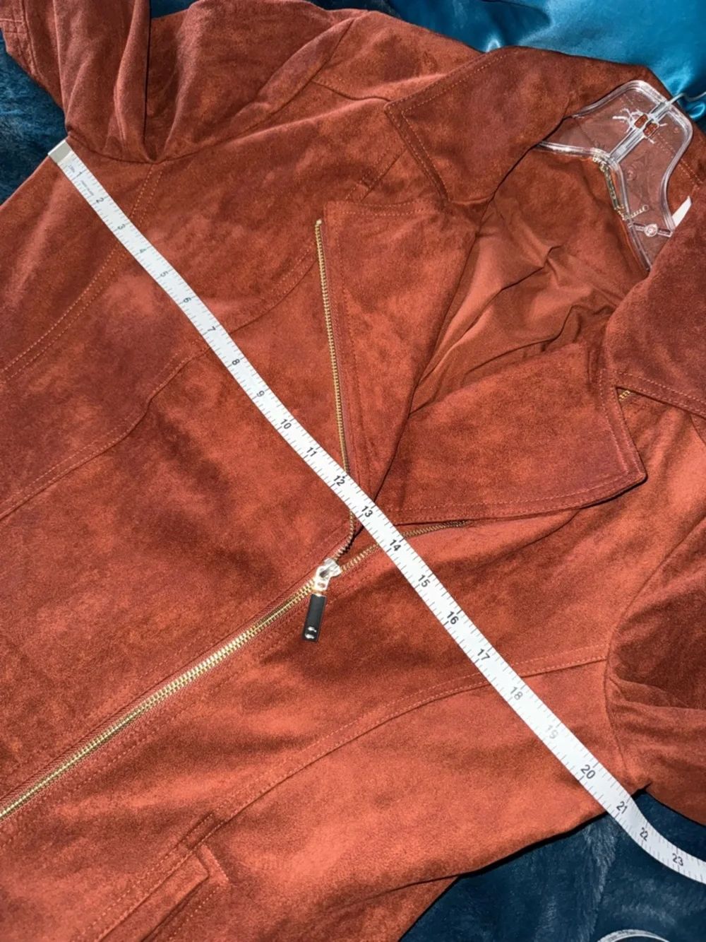 CHICO’S Faux Suede Long Double-Zip Moto Jacket Whiskey color size 2X GORGEOUS - Picture 15 of 16